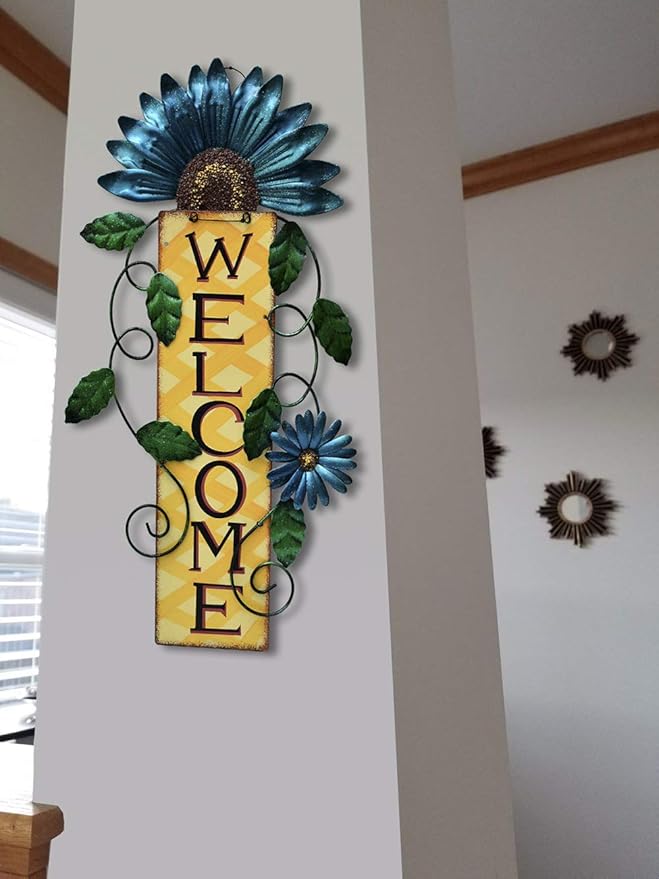 Attraction Design Welcome Sign for Front Door Decor Hanging Sign, Metal Flower Welcome Door Sign Wall Art Decor Hanging for Indoor Outdoor Patio Garden Yard Sign Porch Decoration 15.25X8.5In (C)