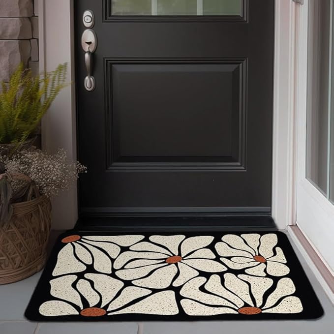 Boho Beige and Black Floral Door Mat - Bohemian Neutral Floral Front Door Welcome Mats Outdoor Entrance, 17x30 Rug