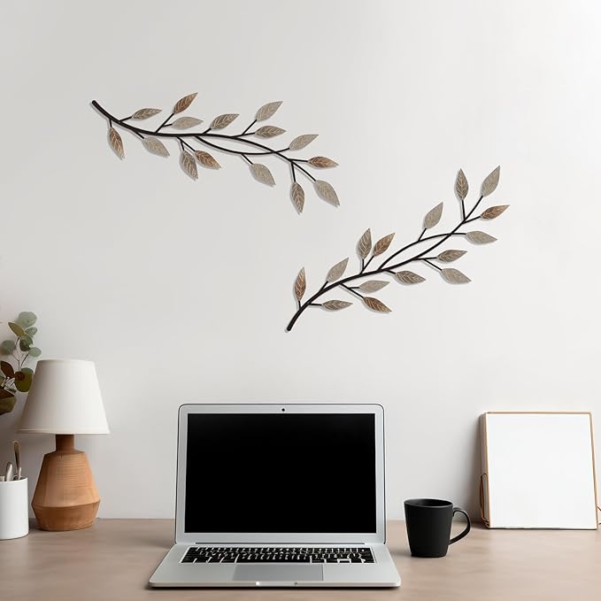 LWHZHE 2 Pieces Vintage Tree Leaf Wall Art Vine Metal Bathroom Wall Decor Olive Branch Wall Decor Living Room Tree Wall Art for Outdoor Hallway Kitchen Garden (Rustic Brown)