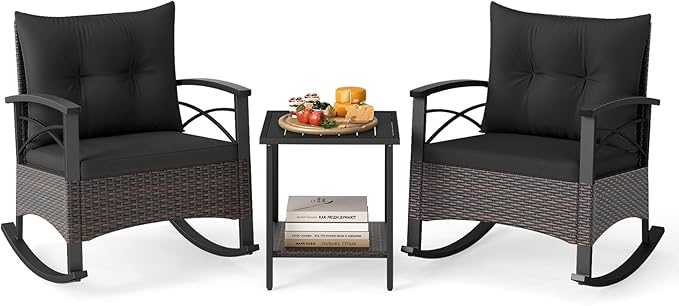 Tangkula 3 Piece Rattan Rocking Chair Set, Patio Rocker Bistro Set with Acacia Wood Tabletop & Armrests, 2 Outdoor Cushioned Armchairs w/Double-Tier Side Table for Porch, Balcony, Backyard