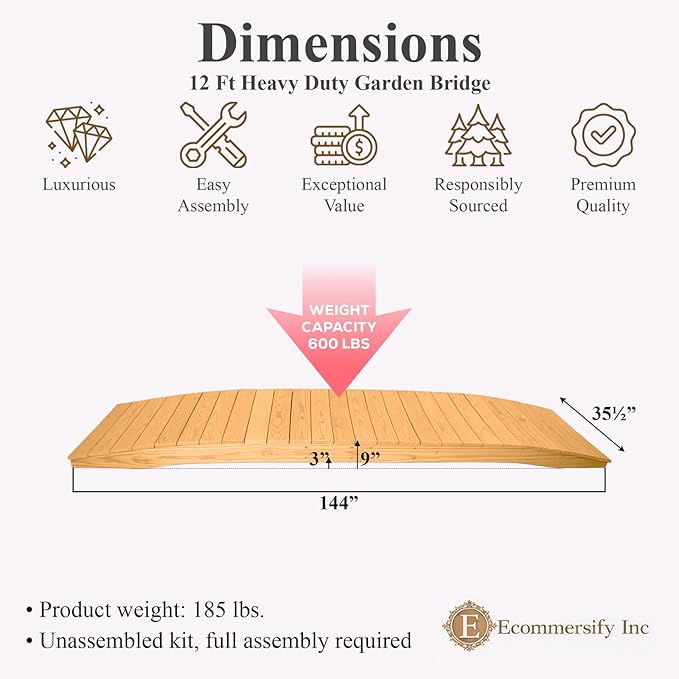 12 FT Oak Amish Made Pinewood Heavy Duty Garden Bridge for Walkway, Backyard Pond & Landscaping, Outdoor Wooden Footbridge for Koi Pond, Japanese Style Decorative Bridge, Made in USA