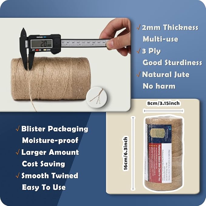 PerkHomy 1100FT Jute Twine String 2mm 3ply Natural Thin Twine for Craft Gardening Gift Wrapping Packing Material Wedding Christmas Decoration Bulk
