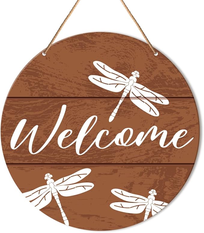 Muktoujaumai Welcome Sign Front Door Decor, Welcome Round Hanging Sign Decor Rustic Decorations Dragonfly Wall Wood Sign for Door, Porch, Home, Housewarming Gift for New House Friend Family
