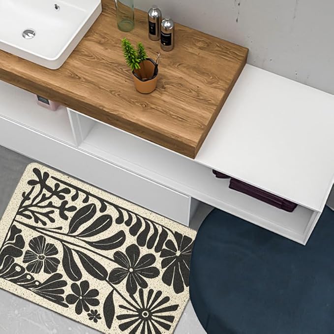 Boho Beige and Black Floral Door Mat - Bohemian Neutral Floral Front Door Welcome Mats Outdoor Entrance, 17x30 Rug