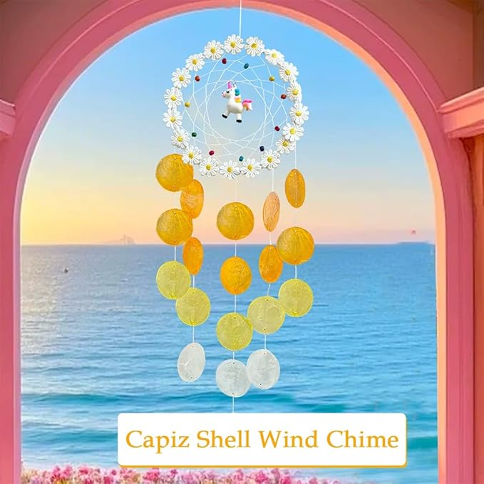 Chic Capiz Shell Wind Chime, Handmade Beach Wind Chimes for Outside, House Decoration for Courtyard, Window, Porch, Unique Gifts for Women (Yellow)