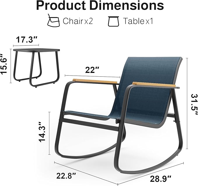 Aiho 3 Piece Rocking Bistro Set, Textilene Fabric Patio Furniture Set, Front Porch Rocker Chairs with Coffee Table for Lawn, Garden, Balcony, Poolside (Blue)
