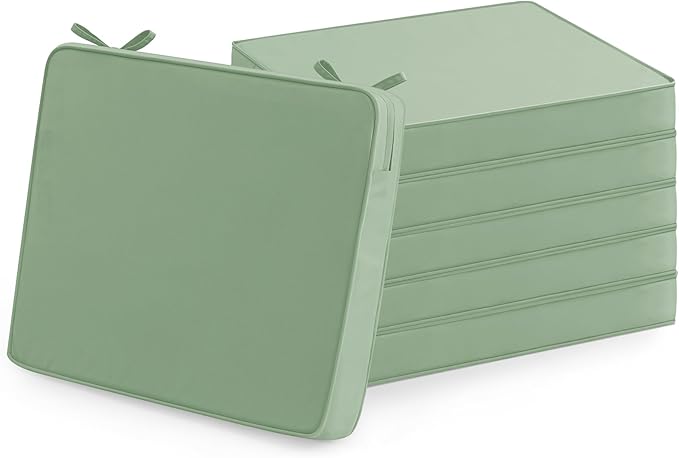 Outdoor Chair Cushions Set of 6: Waterproof & Color Fastness Seat Cushion for Patio Furniture - 22 x 22 x 3 Inch Chair Pads with Ties and Hidden Zipper - Patio Chair Cushion Replacement, Sage Green