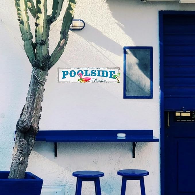 Outdoor Pool Decor Pool Sign Poolside Paradise Rustic Looking Tin Metal Signs Outdoor Patio Signs Outdoor Bar Decor Outdoor Patio Signs Backyard Outside Pool Deck Decorations 4x16Inches