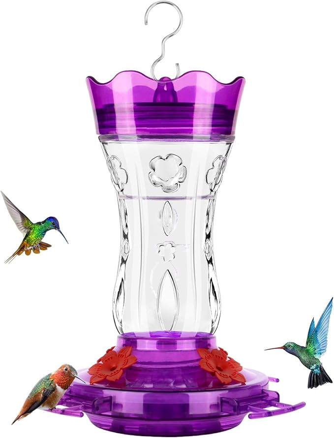 Glass Hummingbird Feeders for Outdoors, Built-in Ant Moat & Leakproof Design, XAROO Hummingbird Feeder with 4 Bee Guard Feeding Ports, 15OZ, Purple, Gifts for Mom Wife Dad, Birthday Gift for Men Women
