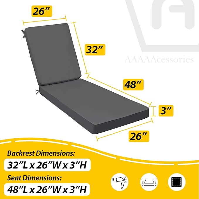 AAAAAcessories Outdoor Chaise Lounge Cushions, Fade-Resistant, Waterproof Patio Furniture Replacement Cushions, 80" x 26" x 3", Dark Gray