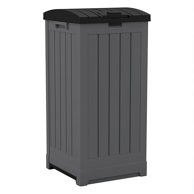 Suncast Trash Hideaway 39 Gallon Outdoor Trash Can Patio or Deck Waste Bin with Latching Lid, Liquid Tray, Handles, and Trash Bag Holder, Peppercorn