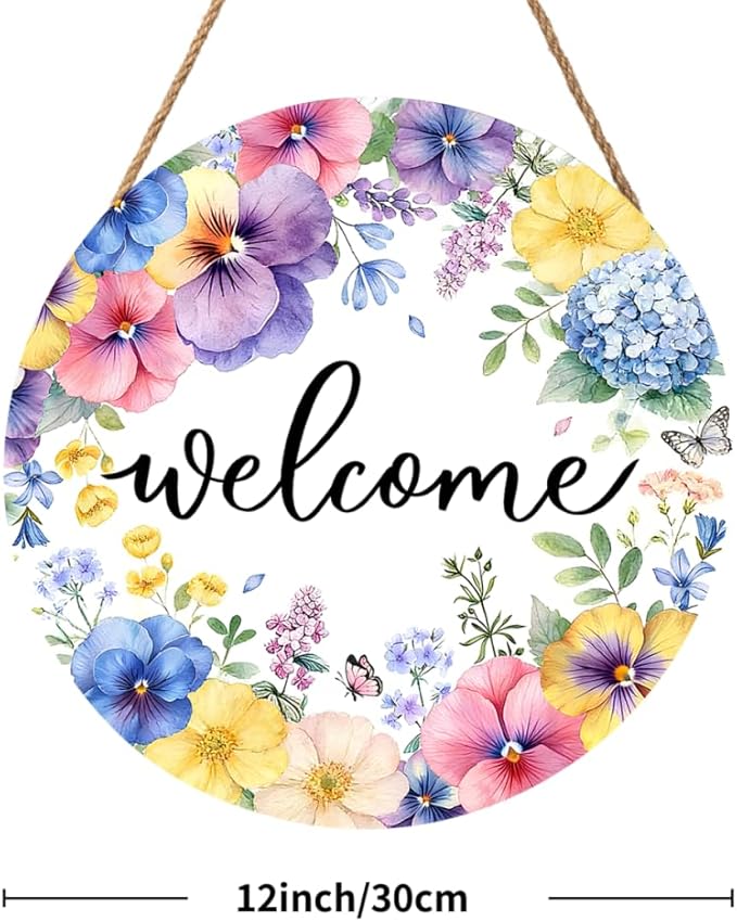 Spring Summer Welcome Door Sign Round 12 X 12 Inches Floral Welcome Wall Pediment Farmhouse Butterfly Spring Sign for Yard Porch Seasonal Summer Decoration