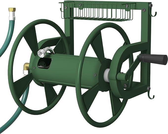 Outdoor Wall Mounted Hose Reel with Hook, Garden Heavy-Duty Water Holder Winder with 3.9 ft Leader Hose, Brass Fitting and Storage Basket for Yard, Holds 125 Ft of 5/8-Inch Hoses, Green