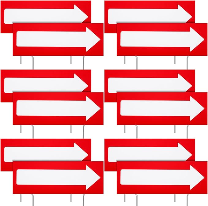 12 Pcs 17 x 6 Inch Arrow Yard Sign Red Corrugated Plastic This Way Decor Double Sided Directional Stake with 12 Inch Sturdy Metal Stakes for Outdoor Lawn Garden Ground Decorations