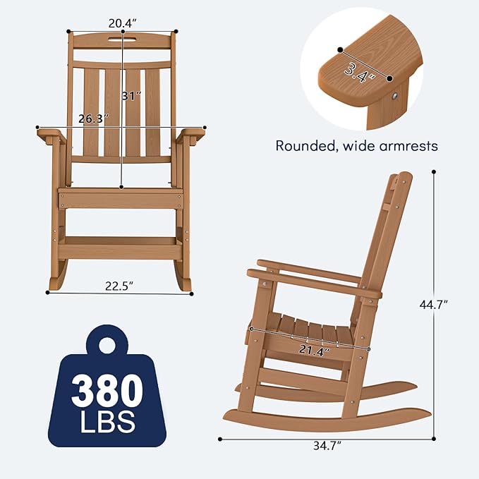Plawdlik Oversized Outdoor Rocking Chair - All-Weather Resistant,HDPE Heavy Duty Patio Rockers with High Back - Perfect for Porch,Garden,Modern Style Set of 2-Teak