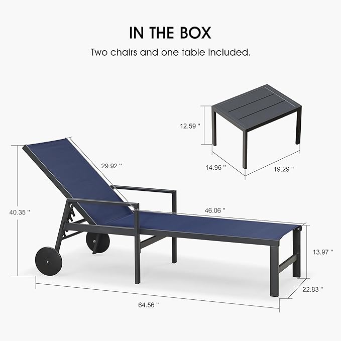 PURPLE LEAF 2 Pieces Outdoor Chaise Lounge Aluminum Patio Lounge Chair with Wheels and Armrests Outdoor Lounge Recliner Chair for Pool Backyard Beach Navy Blue