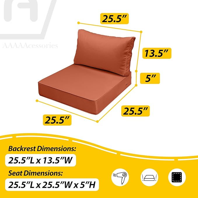AAAAAcessories Outdoor Deep Seat Cushions, Waterproof, Fade-Resistant Patio Furniture Replacement Cushions, 25.5" x 25.5" x 5" + 25.5" x 13.5", Set of 4, Rust