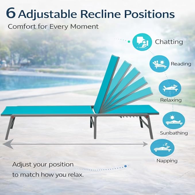 Kozyard 3-Pieces Patio Lounge Set with 2 Foldable Adjustable Lounge Chairs and Side Table, Aluminum Frame, Breathable Textilene Fabric, Assemble-Free, Reclining to Flat for Pool, Beach (Aqua)