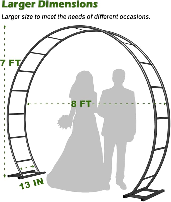 Queension Metal Wedding Arch | for Ceremony Party Decoration 8Ft Wide 7Ft High,Garden Arch Trellis with Ground Bases for Climbing Plants,Outdoor Garden Arbor for Roses Vines, Round Frame, Black