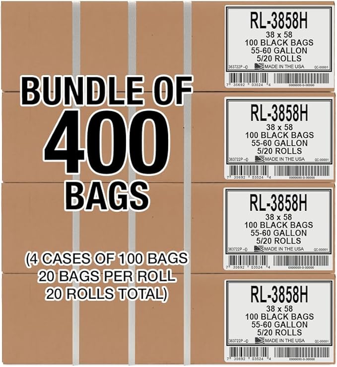 Aluf Plastics 55-60 Gallon Trash Liners - (Value 400 Pack) - 1 MIL Strength Black Plastic Garbage Bags 38"x 58" for 50-55 Gal Cans - Fits Toter, Rubbermaid Brute, Carlislie Bronco etc. (RL-3858H)