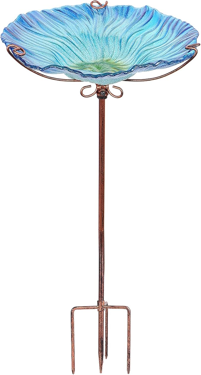 MUMTOP 26 Inch Height Glass Birdbath Birdfeeder with Metal Stake Garden Outdoor Blue