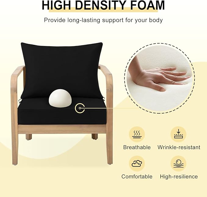 downluxe Outdoor Chair Cushions 24x24 with Removable Cover, Waterproof Patio Furniture Cushions, Deep Seat Cushions for Outdoor Furniture with Backrest for Sofa, Couch and Patio Chairs, Black