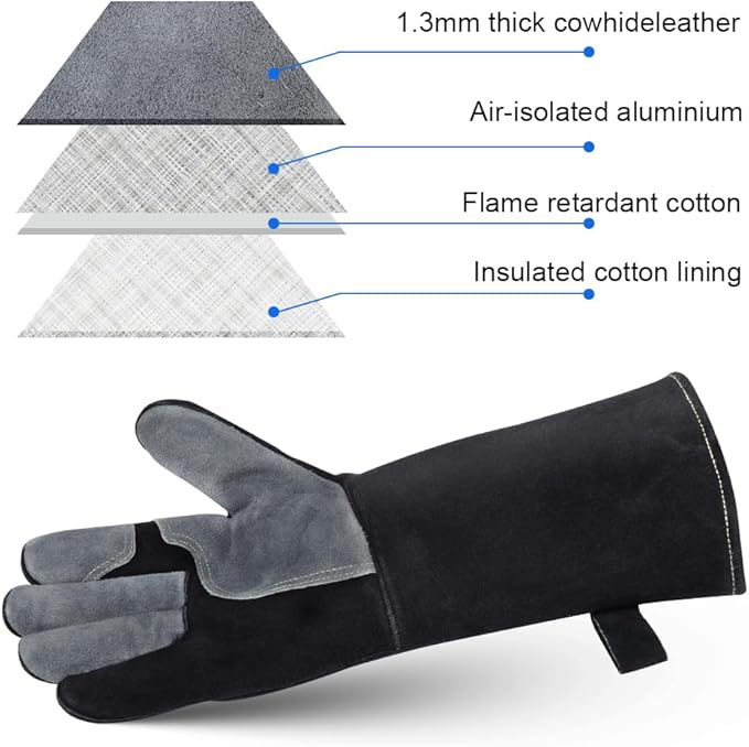 AUAUY Heat & Fire Resistant Gloves Leather BBQ Gloves Wear Resistant Heavy-Duty Welding Gloves for Grinding,Baking,Gardening