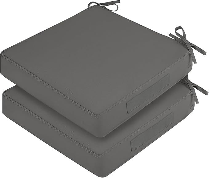 Waterproof Outdoor Chair Cushions Set of 2, Square Outdoor Seat Cushions with Ties and Removable Covers, 22 x 22 Outdoor Cushions for Patio Furniture with Portable Handle(Grey)