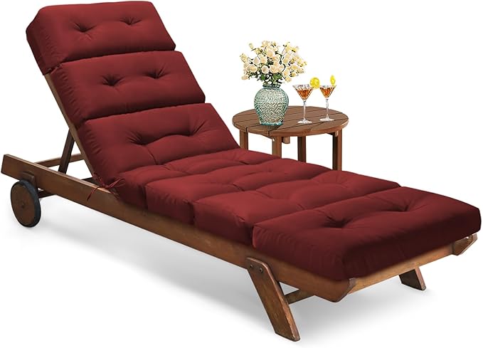 All Weather Chaise Lounge Cushions Outdoor Lounge Chair Cushion, Waterproof Memory Foam Chaise Lounger Chair Cushion Replacement for Outdoor Patio Furniture with Non-Slip Back and Ties, Red