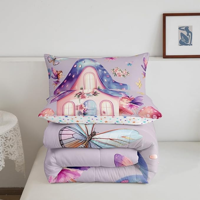 Erosebridal Fairy Garden Twin Bedding Set,Dreamy Fairy Butterfly Comforter Set for Girls Kids,Cute Pink Floral Comforter,Kawaii Mushroom Flower Bedroom Room Decor,1 Pillowcase Breathable