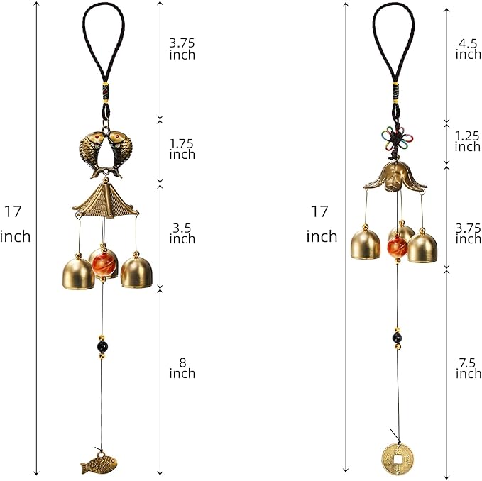 4 Pack Lucky Wind Chimes, Chinese Wind Bell, 3-Bell Vintage Blessing Hanging Wind Chime with Fish Coin for Safe, Good Luck, Wealth Home Garden Patio Hanging Decoration Gift