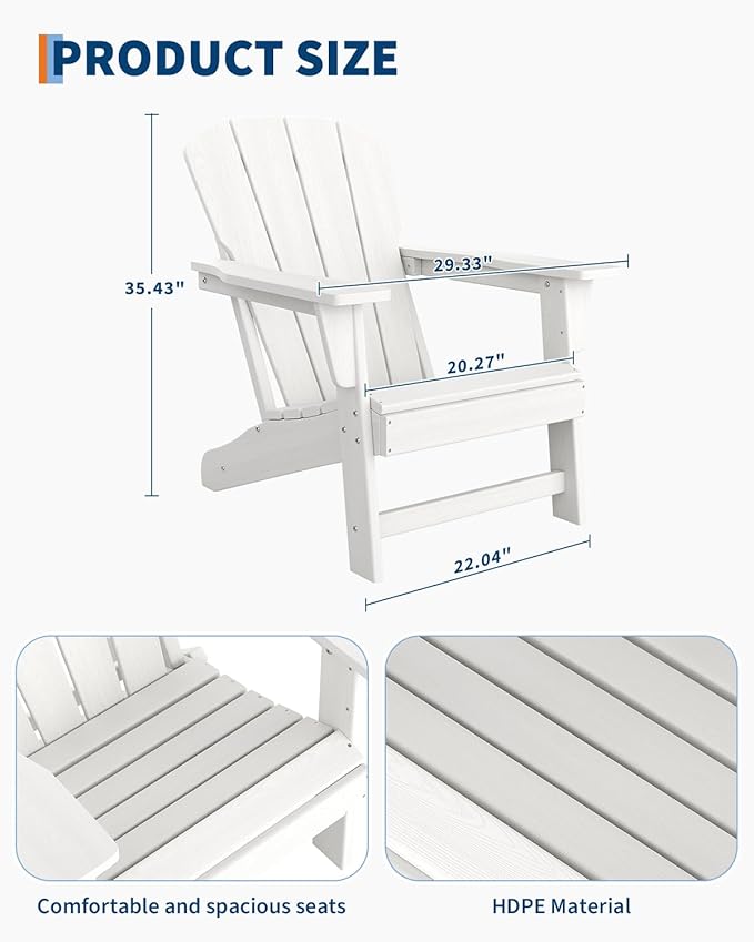 Modern HDPE Plastic Adirondack Chair - Oversize 380 LB Poly Lumber Weather Resistant Firepit Chair - Outdoor Patio Chairs with Wooden Textured for Garden, Backyard, Lawn, Deck, Pool, Porch - White