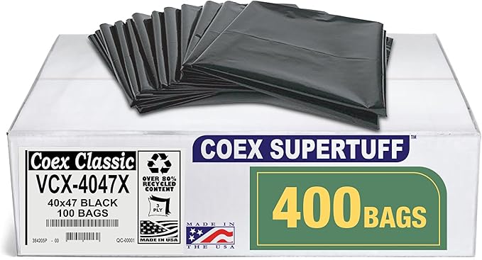 Aluf Plastics - Value COEX 3 Ply Garbage Bags, 45 Gallon, 1.5 Mil (eq), 40"x47", Black, 400 Count
