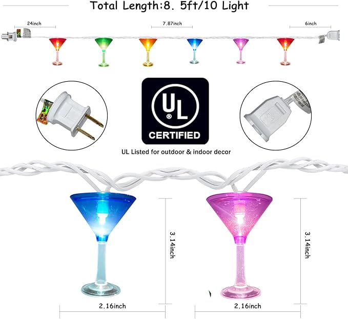 Multicolor Cocktail String Lights, 8.5Ft Cocktail Plug in Outdoor Party Lights with 10 LED Multicolor Cocktail Lights, Summer Patio Decorations String Lights for Bedroom Home Decks Party Lighting