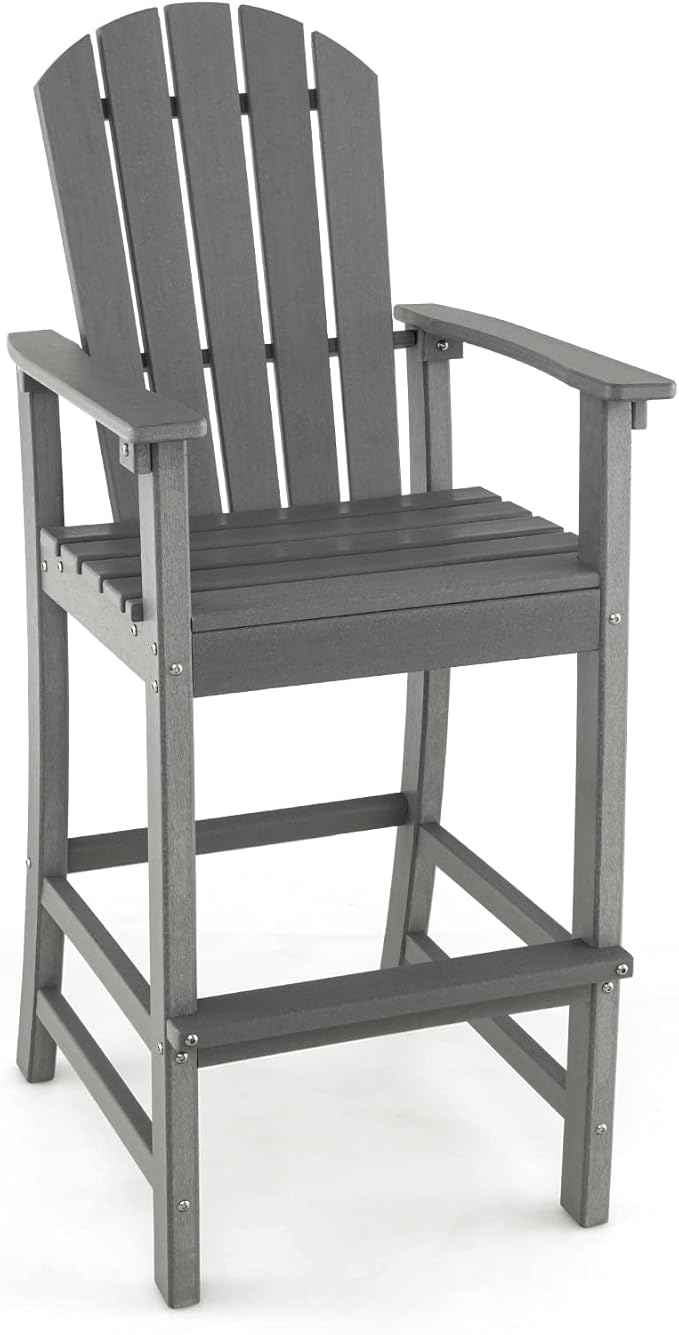 Giantex Outdoor HDPE Bar Stool, Tall Adirondack Chair with Armrests and Footrest, 30 Inches Counter Height Bar Stool for Garden, Backyard, Weather Resistance, Easy Maintenance (1, Gray)