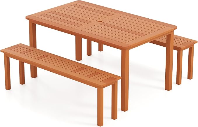 Tangkula Set of 3 Patio Dining Set for 4, Solid Wood Dining Table with 2 Benches, Outdoor Table Bench with 2” Umbrella Hole & Teak Oil Finish, Dining Furniture Set for Yard, Deck, Porch, Indoors