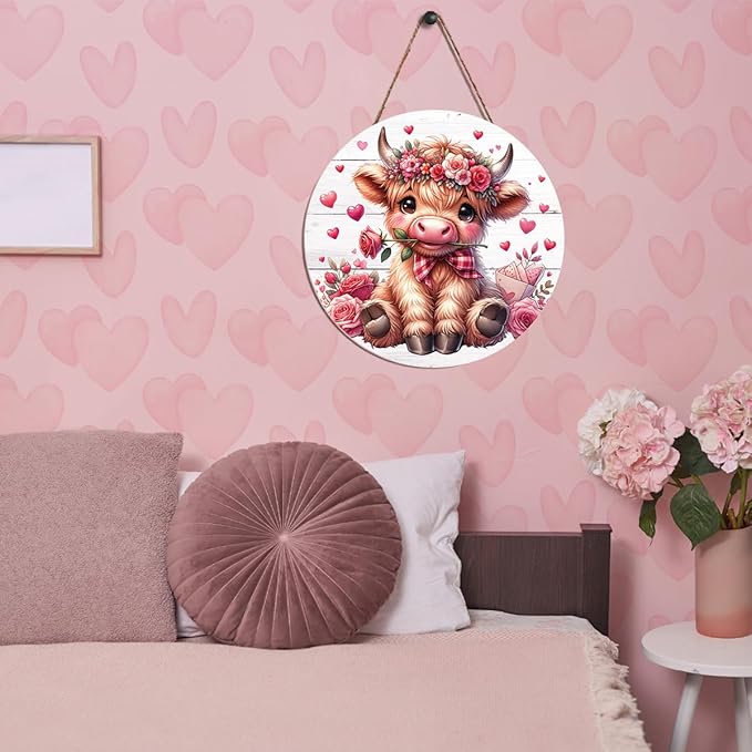 Valentines Day Wall Decor, Valentines Day Door Decorations, Gift for Boyfriend Girlfriend Wife, Pink Heart Rose Highland Cow Wood Hanging Sign Anniversary Porch Home Office Door Decor