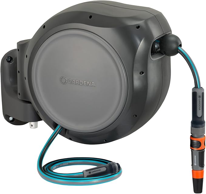 GARDENA 20502, Retractable Garden Hose Reel 75' x 1/2" hose, Wall Mounted, Automatic Retraction & Length Lock for Easy Watering. Heavy Duty Swivel Bracket 180°, Includes Nozzle. Made in Europe