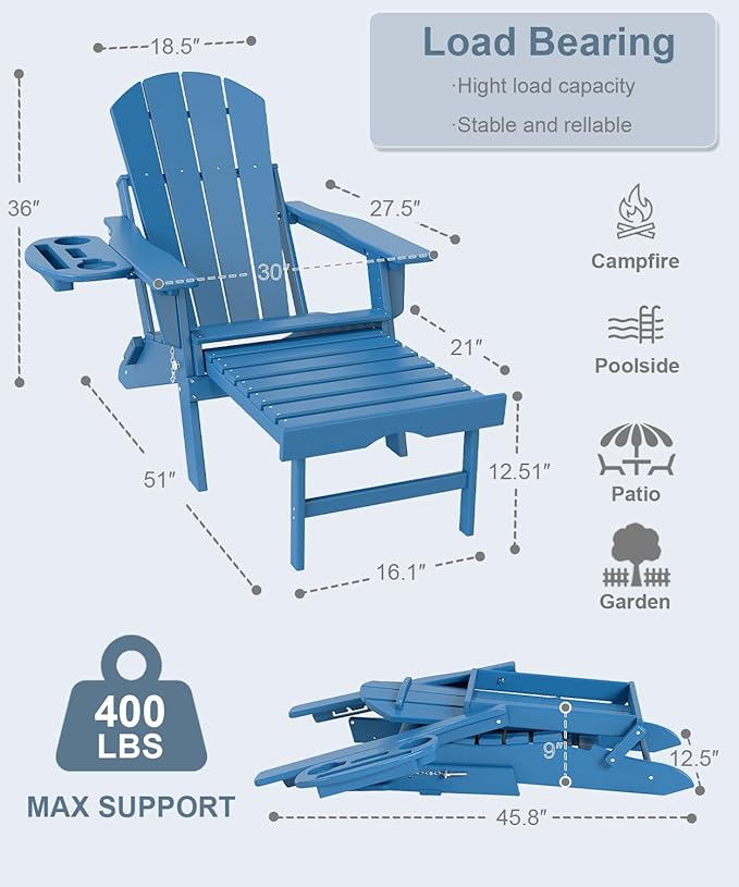Adjustable Adirondack Chair with Retractable Ottoman Set of 2, HDPE Folding Adirondack Chair with Cup Holder, All Weather Fire Pit Chair for Outdoor,Pacific Blue