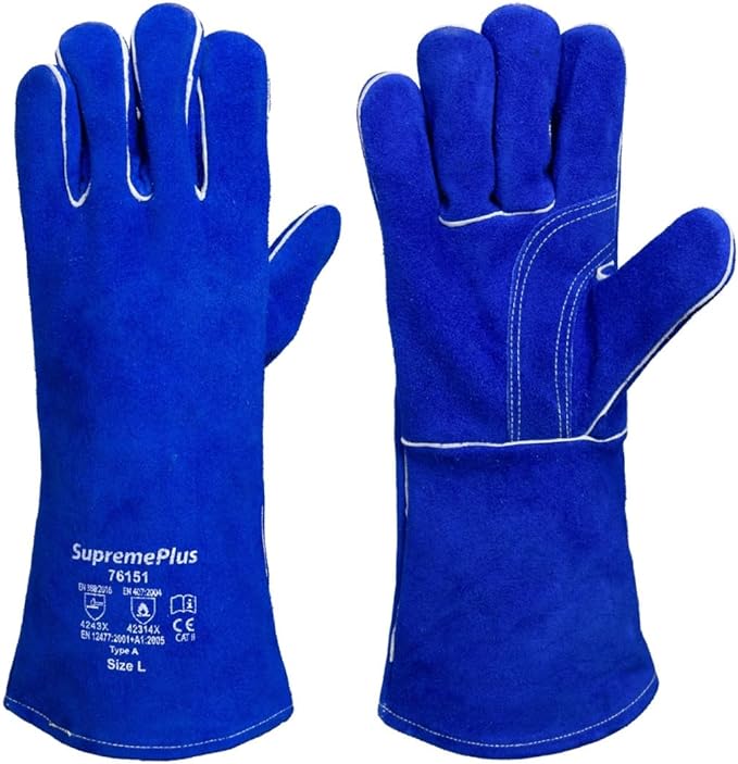 Blue Split Cowhide Welding Gloves - Shield Hands with Best Heat Resistant Welders Glove for Men & Women