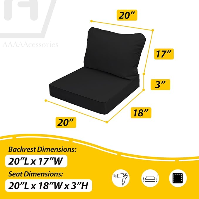 AAAAAcessories Outdoor Seat Cushions for Chairs, Fade-Resistant, Waterproof Patio Furniture Replacement Cushions, 20" x 18" x 3" + 20" x 17", Charcoal Black