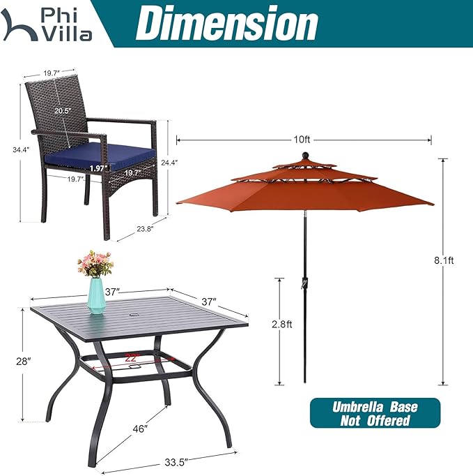PHI VILLA 5 Piece Outdoor Dining Set with Umbrella, 37" Square Metal Dining Table & 4 Cushioned Wicker Rattan Chairs with 10ft Red Umbrella for Patio, Deck, Yard, Porch