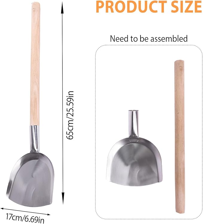 Long Handle Iron Fireplace Shovel, Wood Handle Ash Scoop for Garden, BBQ, Camping