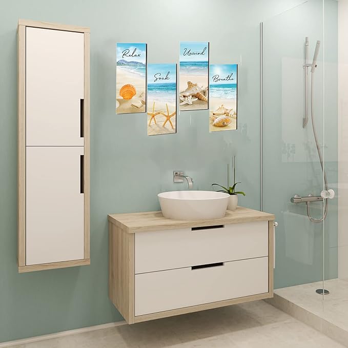 4 Pieces Beach Bathroom Decor Ocean Beach Wall Decors Relax Soak Unwind Breathe Blue Wall Art Hanging Sign Seashell Starfish Wooden Sign for Bathroom Living Room Laundry Spa Washroom(beach, 10x4 Inch)