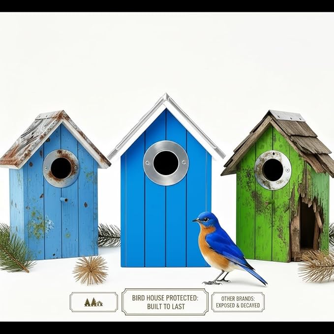 2PK Cedar Bluebird House, Wooden Bird House for Outside, 1.5" Entrance Hole Size, Stainless Steel Entrance Hole Protector, Silver Metal Roof, Colorful Garden Decorative, Pole Mountable (Yellow+Red)
