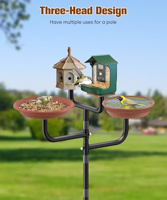 4 Holders Upgrade Bird House Pole with 90inch for Outdoor Bird Feeder Bath, Heavy Duty Adjustable Birdhouse Stand with 4 Plates & 5 Prong Base for Garden, Yard(NO Birdhouse & Birdbath)
