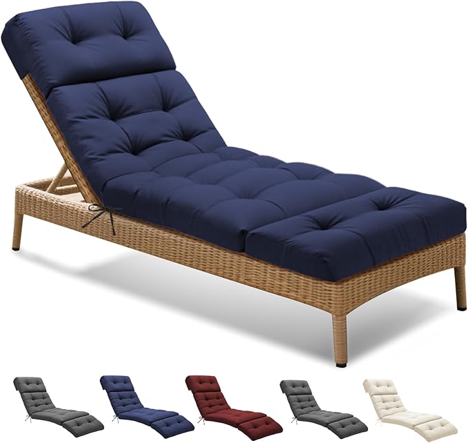 Outdoor Chaise Lounge Chair Cushion 74.4 x 22 x 4.7 Inches Non-Slip Lounge Chair Cushions for Outdoor Furniture with Ties, Patio Recliner Thickened Lounge Cushions for Indoor, Blue