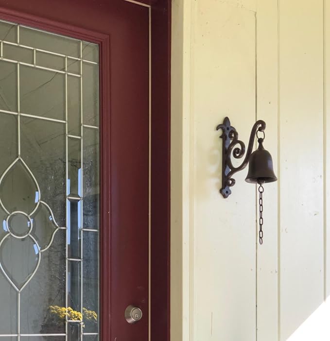 Vintage Cast Iron Dinner Bell as Entry Door Bell, Outside Hanging Decor or Indoor Decoration Wall Antique Farm and Front Gate Bell, Brown