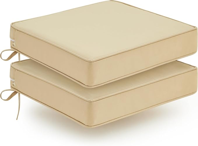 Outdoor Chair Cushions Set of 2, Waterproof Patio Chair Cushions, Patio Furniture Cushion with Ties, Outdoor Wicker Replacement Seat Cushion, 24 x 24 x 4 inch, Beige