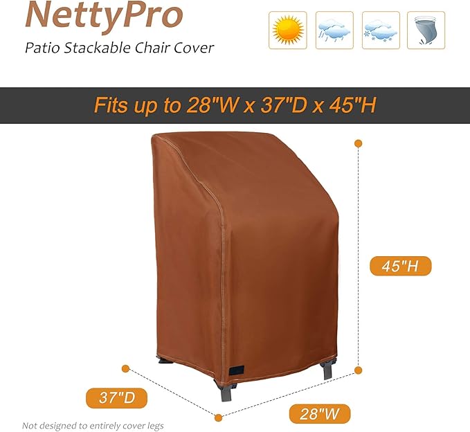 NettyPro Stackable Chair Covers 2 Pack Waterproof Outdoor Stack Chairs Cover Patio Furniture Stacking Chair Covers, Fits for 4-6 Stackable Dining High Back Chairs, 28 W x 35 D x 45 H inch, Brown